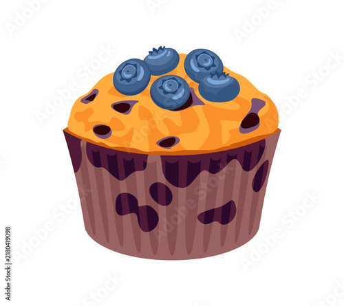 Blueberry muffin in paper cup, isolated vector illustration.