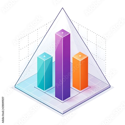 Isometric 3D bar chart inside transparent pyramid for business analytics and growth statistics with financial data