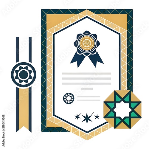 Vertical award certificate template with decorative seals and geometric borders in blue and gold diploma design achievement awa