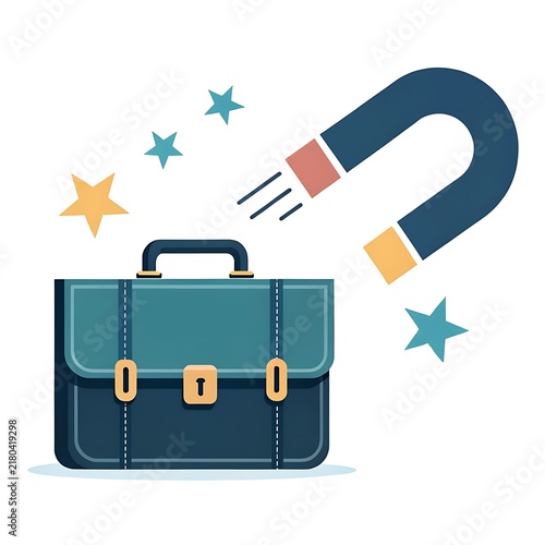 Business briefcase being pulled by a large horseshoe magnet representing career attraction and success with briefcase