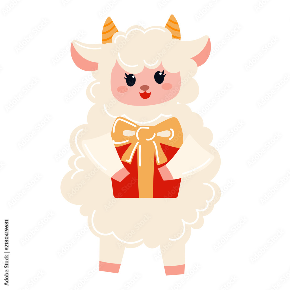 Obraz premium Cute kawaii goat holding gift box isolated on white, fluffy cartoon sheep with red present and gold bow for Chinese New Year 2027 Year of the Goat, flat vector illustration clipart.