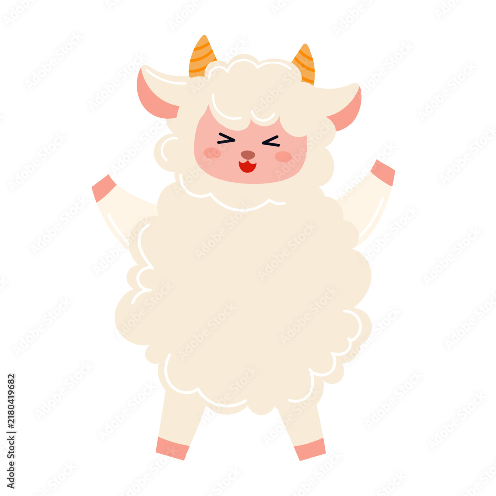Fototapeta premium Cute kawaii excited goat character with raised hooves isolated on white, fluffy cartoon sheep celebrating for Chinese New Year 2027, flat vector illustration clipart.
