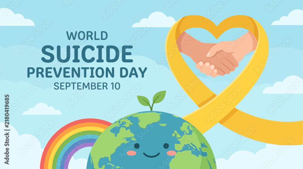 Obraz premium World Suicide Prevention Day Banner with Earth, Yellow Ribbon, and Helping Hands for Mental Health Awareness