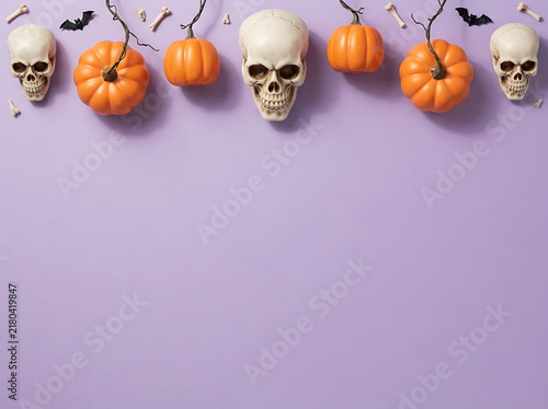 Halloween arrangement with pumpkins skulls and bones on a lilac background