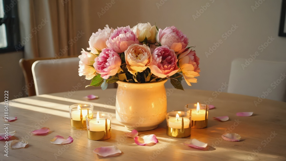 Obraz premium Romantic Floral Arrangement with Candles on Wooden Table - Elegant Table Setting for Intimate Gathering or Celebration.