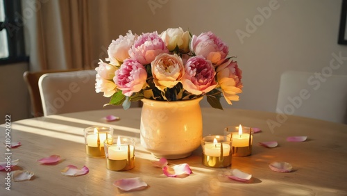 Romantic Floral Arrangement with Candles on Wooden Table - Elegant Table Setting for Intimate Gathering or Celebration.