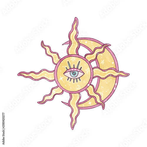 Watercolor hand drawn esoteric pastel sun, crescent moon and mystic eye isolated on white background. Magic clip art illustration for teenage journals, stickers, stationery, tarot, affirmation cards