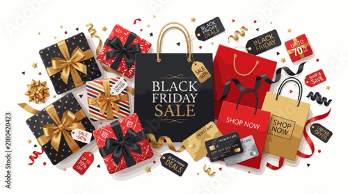 An array of Black Friday sale items, including gift boxes, shopping bags, and credit cards, all adorned with festive confetti