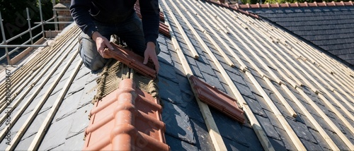 Roofer installing ridge tiles on a slate roof
