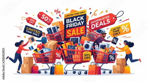 Black Friday Sale concept, illustration of people shopping and filling shopping carts with many bags, boxes, and appliances during the big sale event