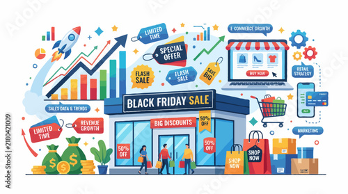 Black Friday sale, online shopping, and e-commerce growth concept illustration. The image depicts a store with Black Friday Sale signage, people shopping, bags, boxes, money, credit cards, charts.