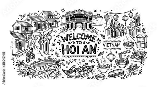 Hoi An Vietnam Travel Doodle Illustration