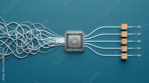 AI processing of complex data into organized outputs. A central AI chip receives tangled wires on the left and outputs neatly arranged connections on the right.