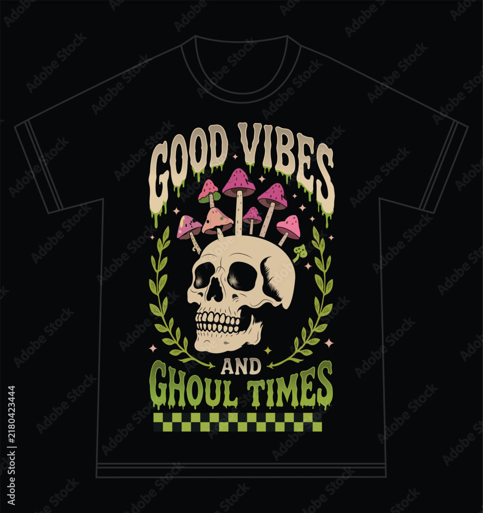 Fototapeta premium Good Vibes Halloween T-Shirt Print Illustration with Spooky Cartoon Design