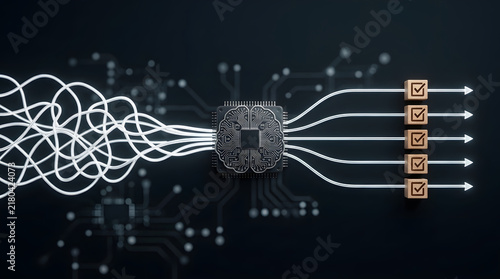 Artificial intelligence processing complex data into organized outcomes, represented by a brain chip connected to streamlined outputs