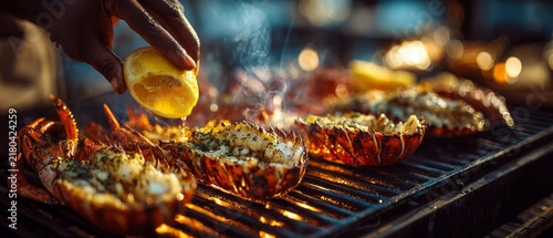 A hand squeezes lemon juice over grilling lobster tails on a barbecue grill with smoke rising against a blurred background.