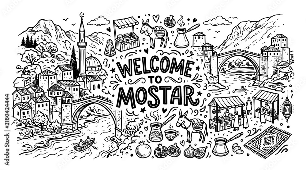 Fototapeta premium Mostar City Hand Drawn Illustration