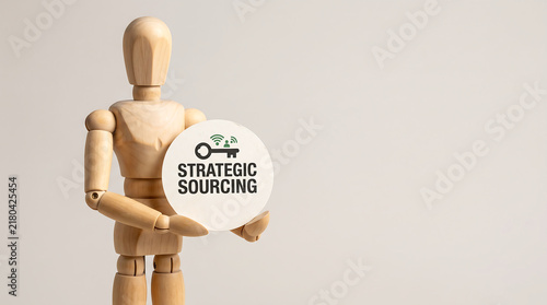 Strategic sourcing and procurement optimization concept with wooden mannequin holding circular icon for marketing team KPI and business growth presentation banner