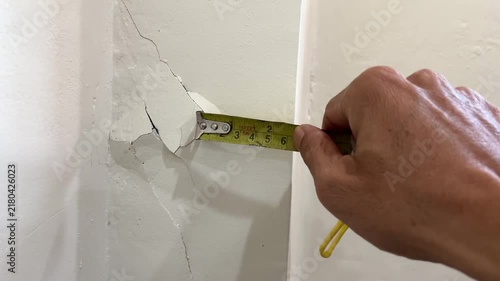 Inspector measuring wall crack depth and length with tape measure