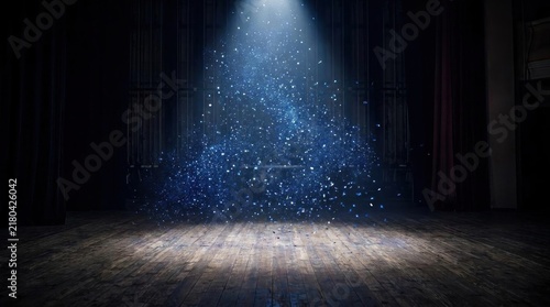 Empty wooden stage with blue spotlight and magic particles.