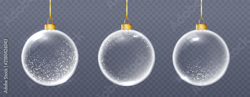 Realistic transparent Christmas ornaments with ribbon hangers, glossy glass texture, sparkling highlights, and delicate winter elements for holiday
