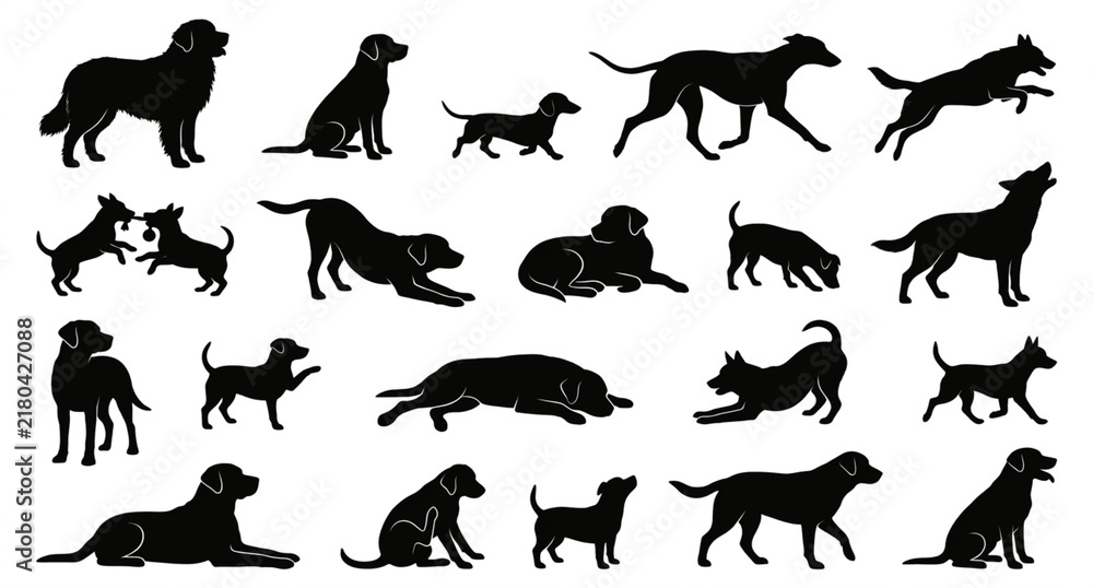 Fototapeta premium Dog silhouettes vector set with different poses pet animal icons
