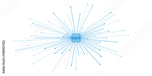 Abstract processor burst connection background in vector format. Chip icon at the heart of an expanding line burst. Modern design for data layouts, cards, wallpaper and print.