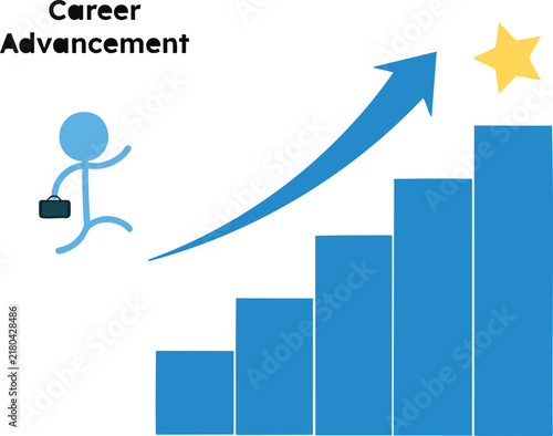 Career Advancement, business man with graph, with a blue graph arranged from lowest to highest and there is a star at the top of the graph