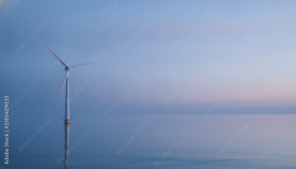Obraz premium Offshore Wind Turbine Generating Sustainable Energy at Sunrise