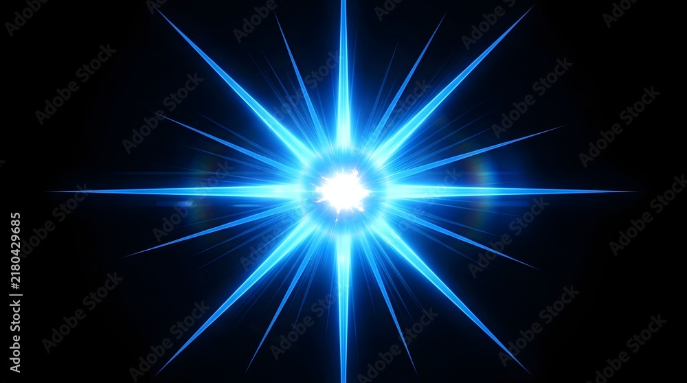 Fototapeta premium Bright blue starburst light effect with glowing rays on a deep black background