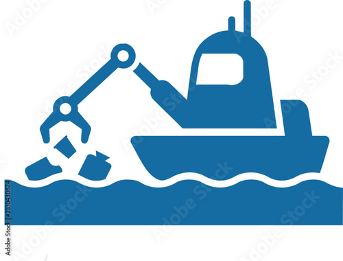 Blue icon of a boat with a mechanical claw removing plastic bottles and trash from the ocean water surface