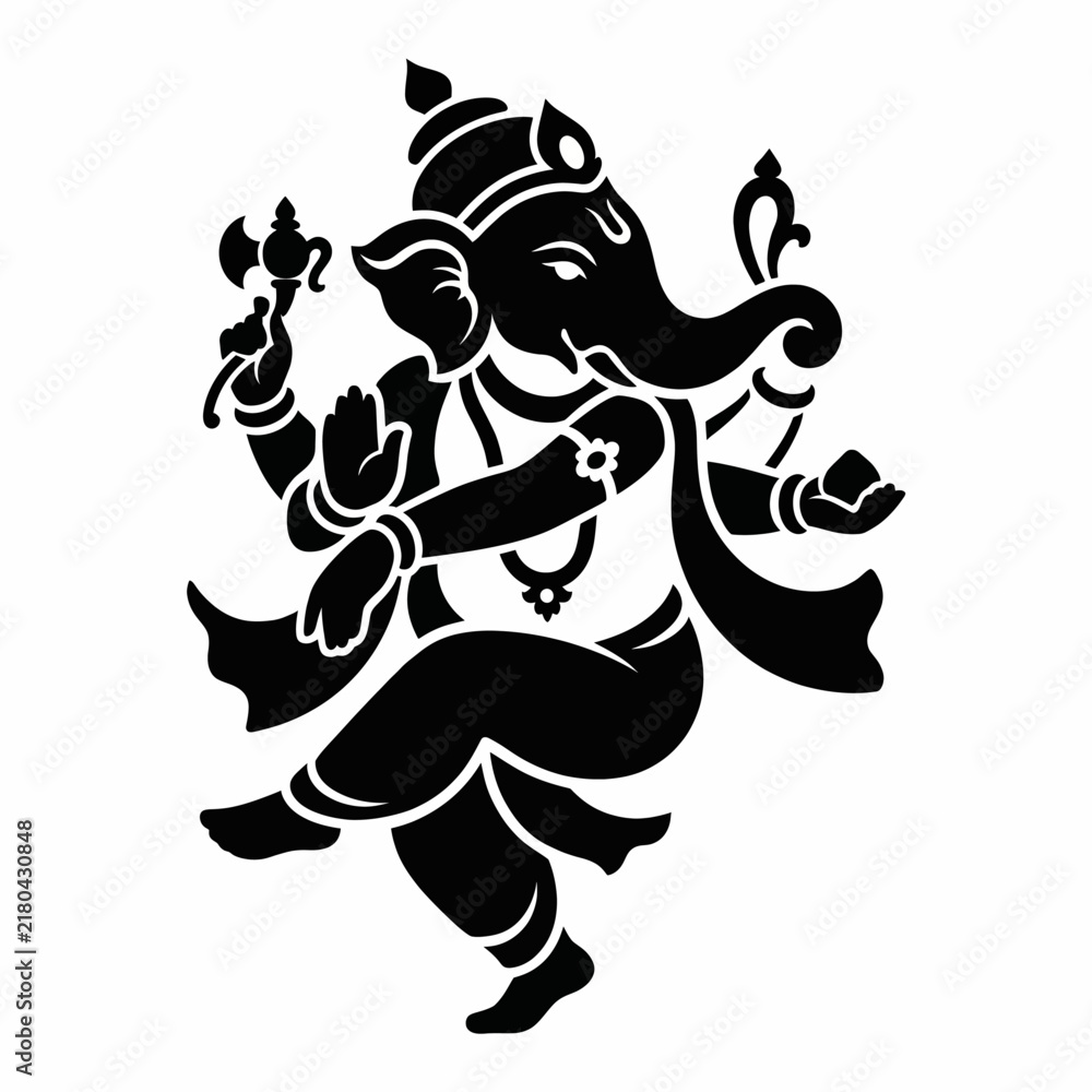 Fototapeta premium Black silhouette of the dancing Hindu deity Lord Ganesha on a white background.