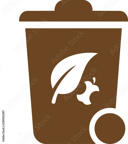 Brown organic waste bin icon featuring a white leaf and apple core silhouette symbol on a solid background