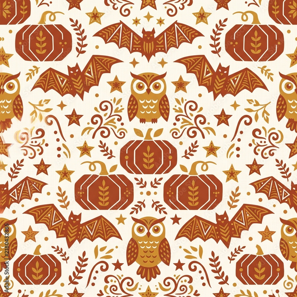 Obraz premium Folk Art Scandinavian Autumn Owl and Bat Harvest Pattern