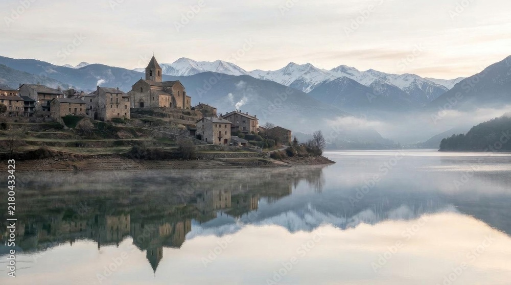 Fototapeta premium Historic village and church reflecting in calm mountain lake.