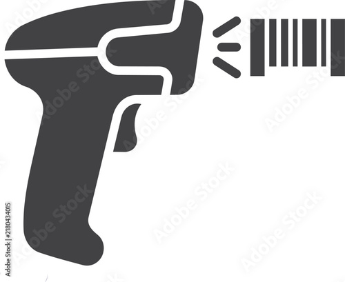 Dark gray icon of a handheld barcode scanner scanning a vertical barcode symbol on a white background