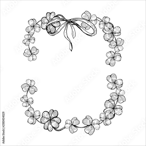 Clover leaves borders frame with a ribbon bow hand drawn vector ink sketch Illustration. Engraving line art botanical circular frame for greeting cards, Irish branding, Invitation, festive poster.