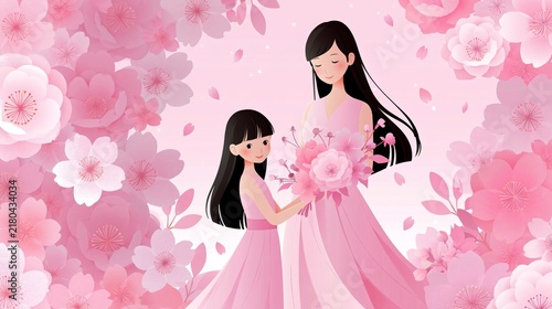 An illustration of a mother and daughter in pink dresses holding flowers against a floral background.