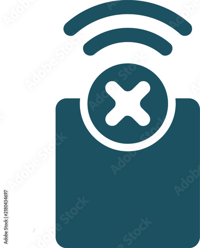 Dark teal icon of a rectangular device with a wireless signal and a white cross mark, isolated on white background