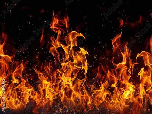 Real fire flame overlay isolated on black background for graphic design and photo editing
