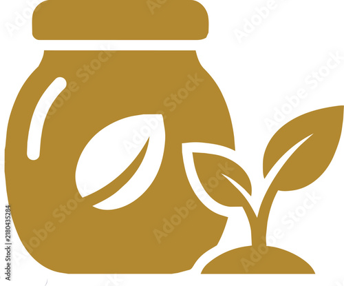 Gold icon of a glass jar with a leaf symbol and a small sprouting plant on a plain white background