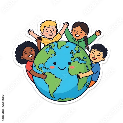 Diverse Group of Happy Children Hugging a Cute Cartoon Earth Globe Representing Global Unity and Environmental Care