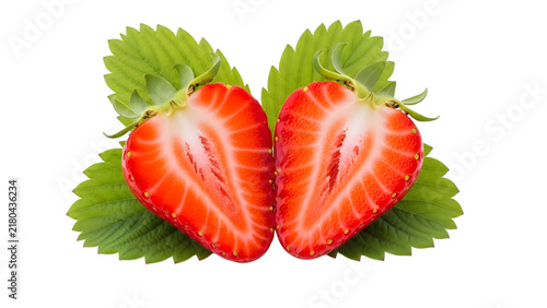 Two fresh strawberry halves with green leaves isolated on transparent background