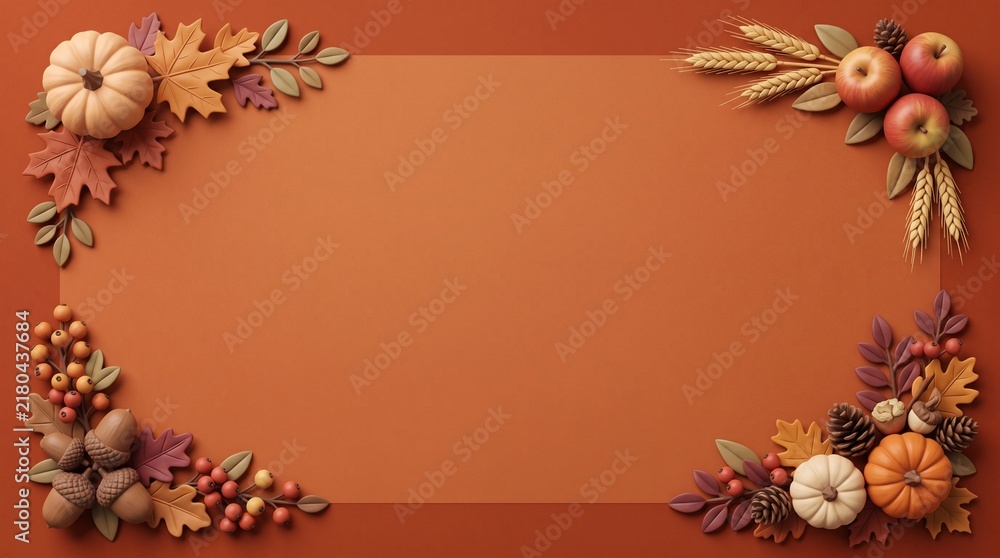 Fototapeta premium Autumn harvest border with pumpkins and dry leaves on a warm red background for fall design