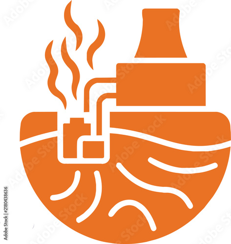 Orange icon of geothermal power plant with steam rising from underground heat source