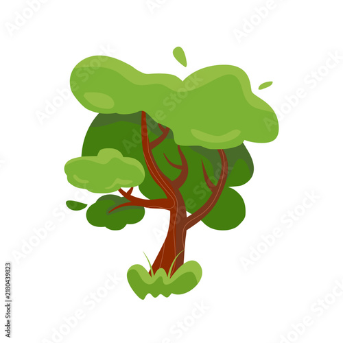 Cute Cartoon Tree Illustration — Flat Design Green Leafy Oak Tree with Brown Trunk and Grass for Nature, Environment and Kids Education Design