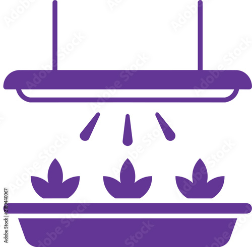 Purple icon of three small plants growing in a tray under a suspended artificial grow light fixture