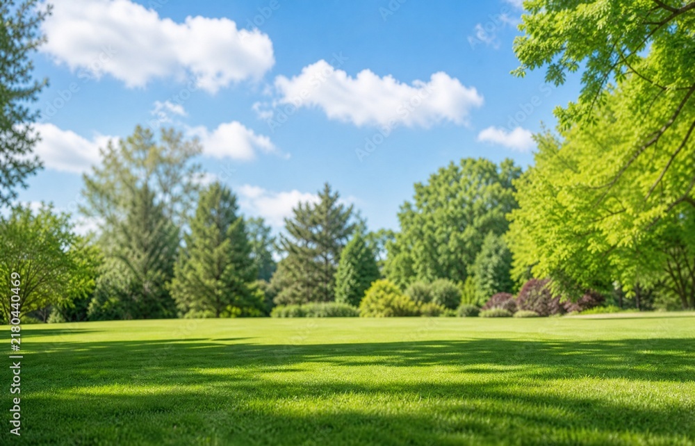 Fototapeta premium Beautiful blurred background image of spring nature with a neatly trimmed lawn surrounded by trees against a blue sky with clouds on a bright sunny day.