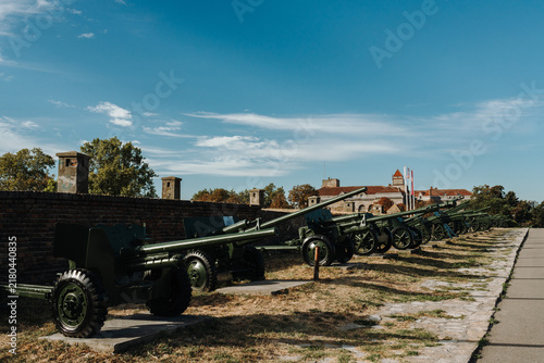 Konstfotografi Rows of historic artillery guns are displayed outdoors at Belgrade Fortress