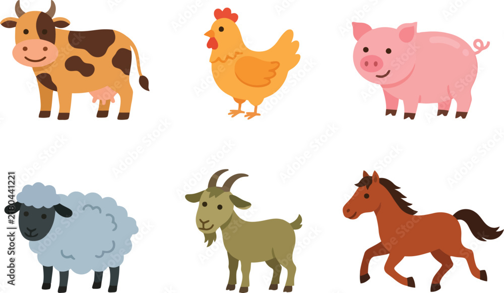 Obraz premium A collection of six cute cartoon farm animals including a cow chicken pig sheep goat and horse.